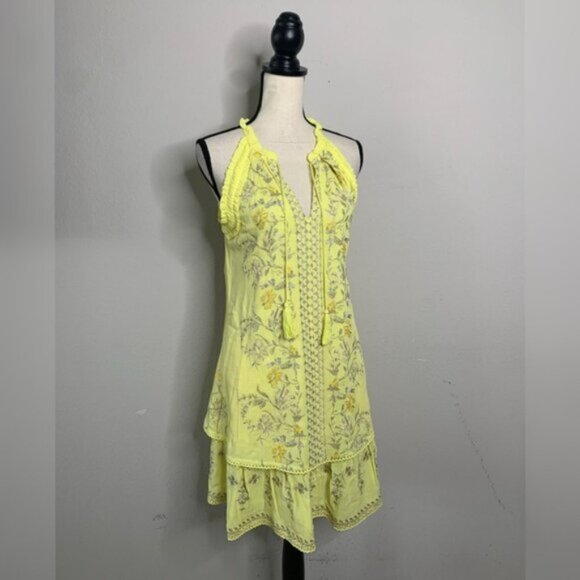 Hale Bob Yellow Embroidered Ruffle Hem Sleeveless Boho Mini Dress - Picture 2 of 13